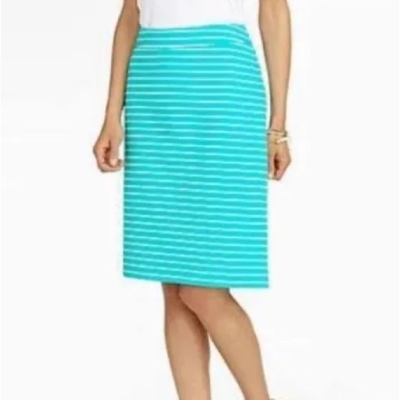 Talbots Cotton Blend Turquoise Pencil Skirt White Stripes w Pockets size 10 - Picture 1 of 5